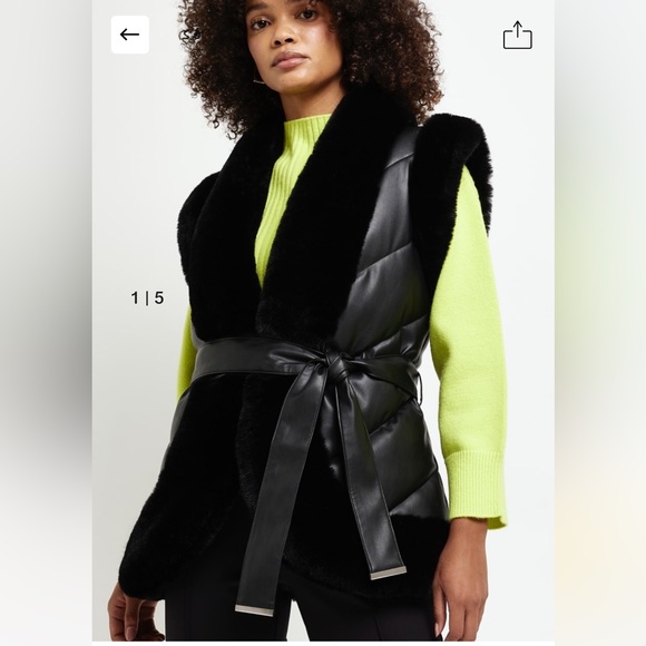 Black faux fur and faux leather belted gilet (vest) - Picture 1 of 4